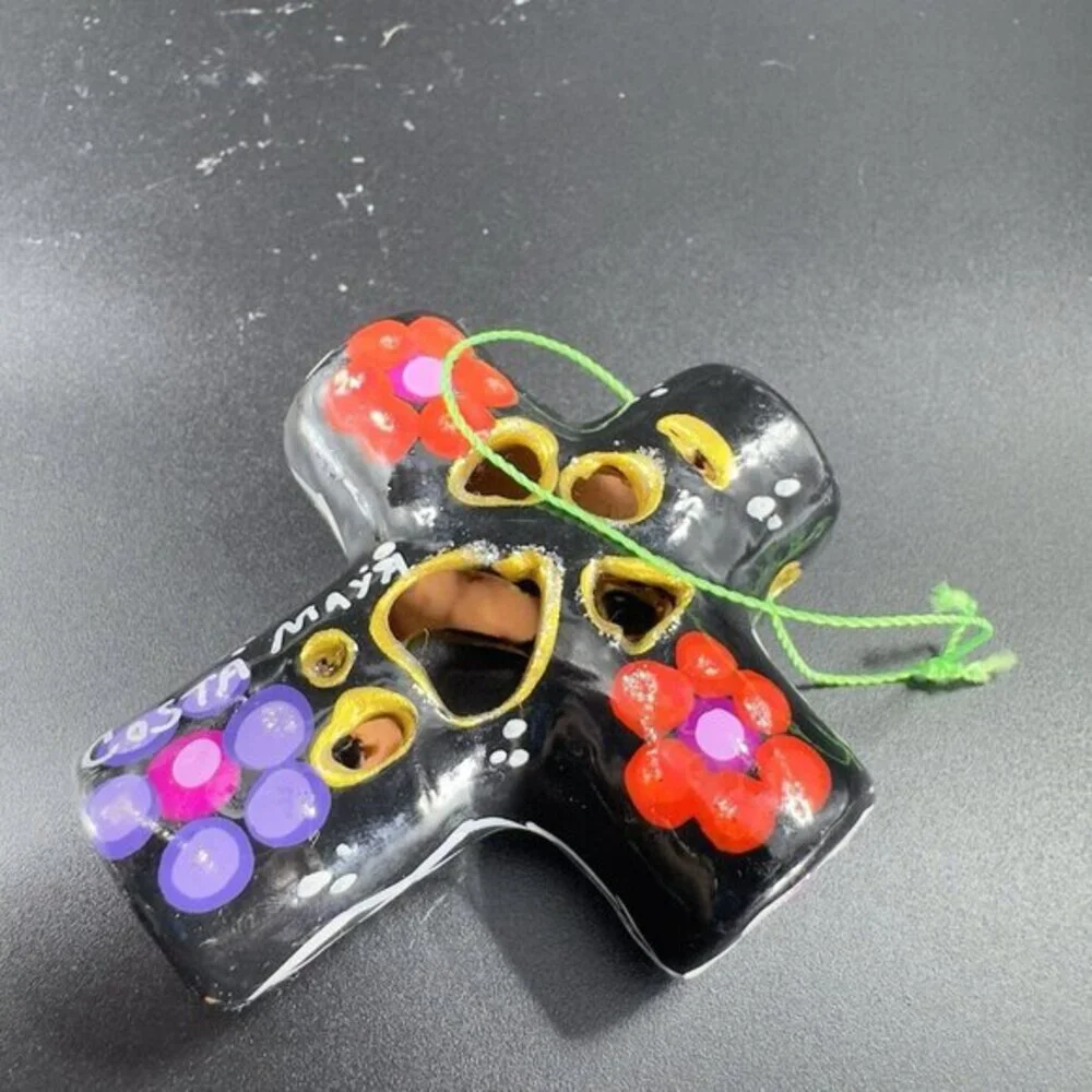 Hand Made‎ RedWare Pottery Mexico Small Ornament Cross Hand Painted Costa Maya